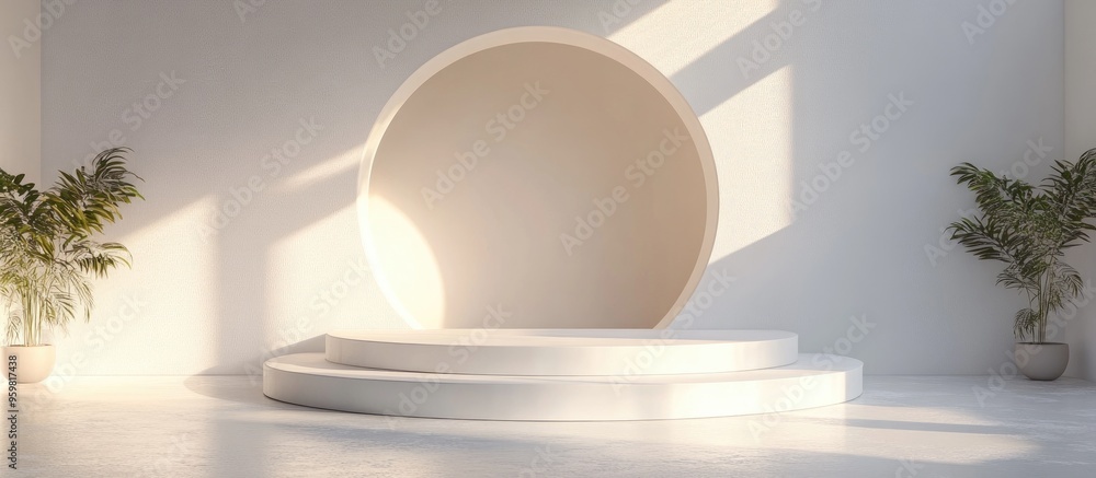 Poster Minimalistic 3D rendering of a podium with geometric circular shapes