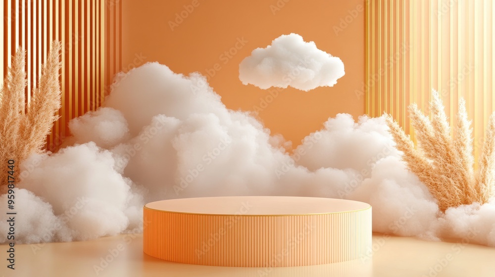 Aufkleber Light beige and pastel orange 3D rendering of a product display podium featuring abstract clouds and golden lines set against a luxurious minimalist background with a cylindrical platform