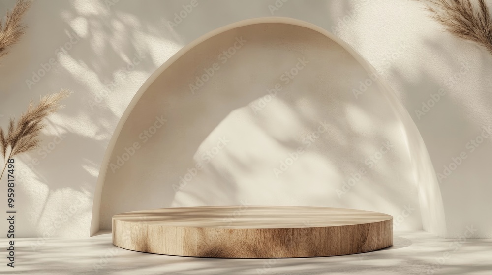 Poster wooden podium featuring ample space for product display against an abstract backdrop minimalist podi