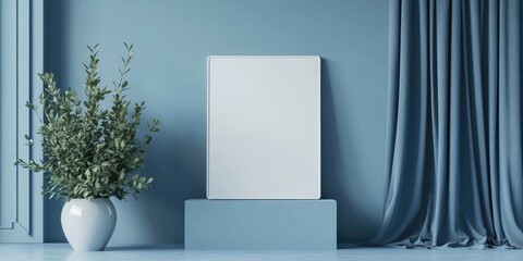 Contemporary blue interior featuring a blank tablet on a pedestal drapes and an ornamental plant 3D rendering