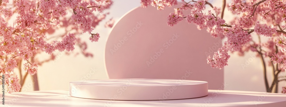 Poster Minimalist 3D podium set against a pink tree backdrop ideal for product showcasing Nature inspired environment featuring soft pastel hues and an unoccupied podium 3D rendering