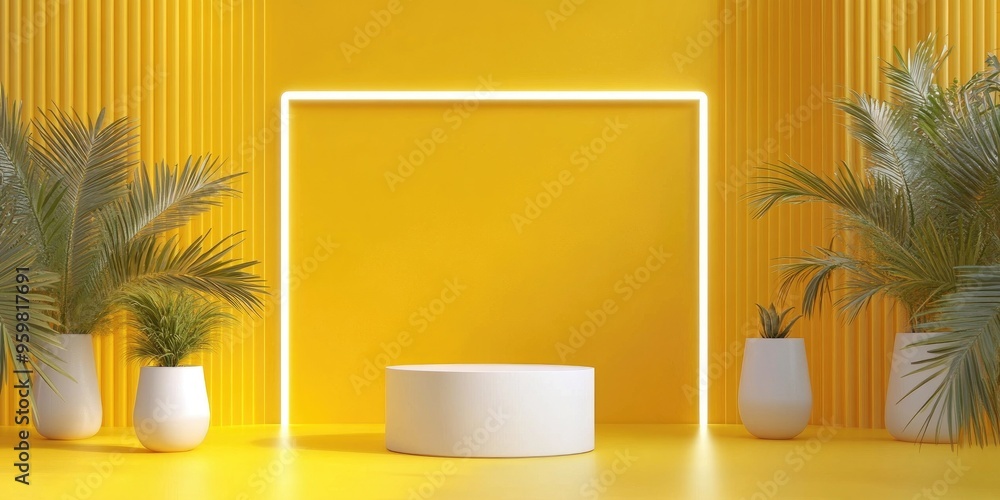 Poster Yellow backdrop 3D background featuring a product display podium scene enhanced with a neon light frame and a 3D render showcasing the podium for product presentation