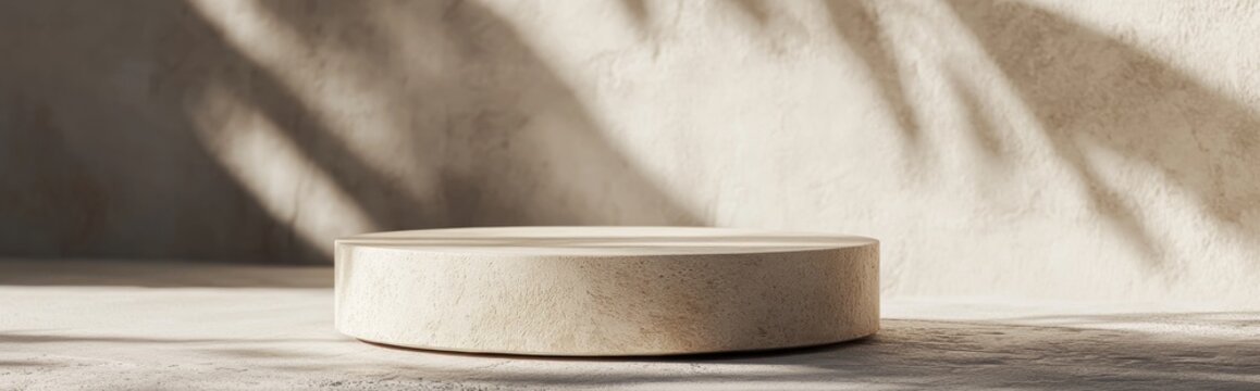 Mockup podium for showcasing branding packaging and cosmetic products featuring sunlight and shadow effects Minimalist geometric shapes in beige concrete with a stone texture Natural summer displa