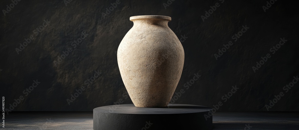 Poster decorative stone vase positioned on a podium against a black background high resolution 3d rendering