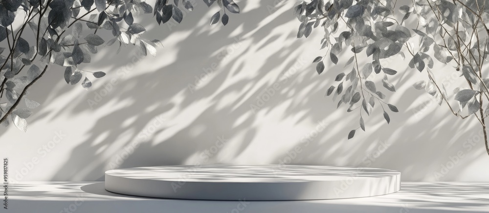 Poster Display podium stand featuring natural leaves casting a shadow on a white background 3D rendering
