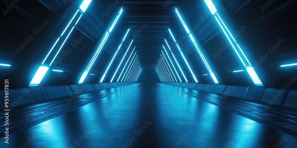 Aufkleber abstract blue light tunnel with rays neon highlights and spotlights dark empty scene featuring cold 