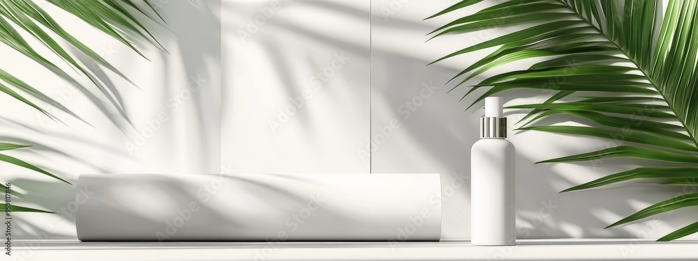 Poster Summer product presentation mockup featuring a white paper roll and a cosmetic bottle cast with palm leaf shadows Clipping paths for each element are included 3D rendered illustration