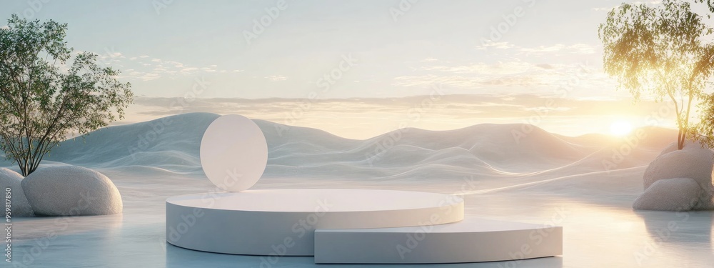 Poster minimalist white podium for product presentation in a landscape setting created through 3d rendering