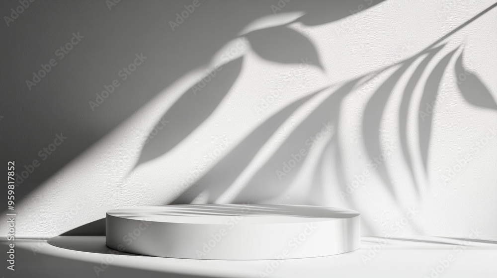 Poster minimalistic white podium and wall casting a leaf shadow 3d render