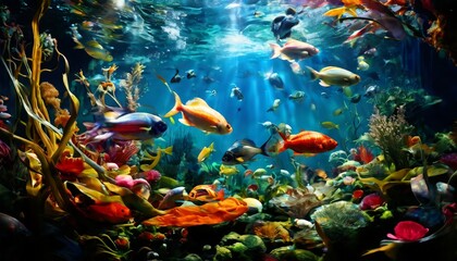 A vivid underwater scene featuring an array of colorful tropical fish swimming among coral reefs. The play of light creates a mesmerizing effect, highlighting the diversity of marine life, ideal for