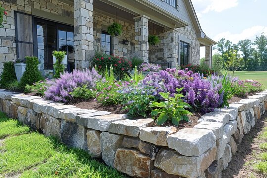 Newly built stone landscape border with flower and shrub garden bed in springtime Mississippi.