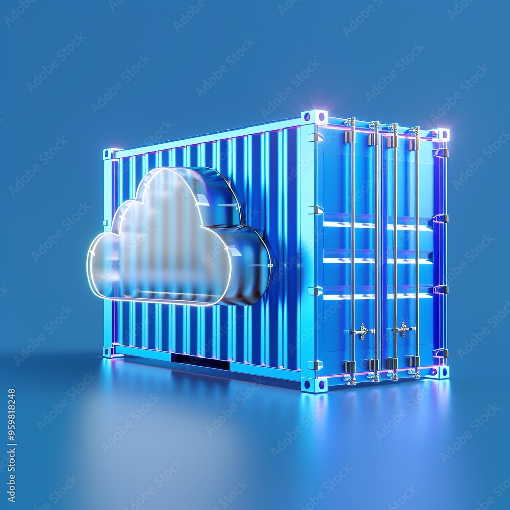 Poster 3d illustration of a blue shipping container with a cloud symbol, representing cloud computing and d