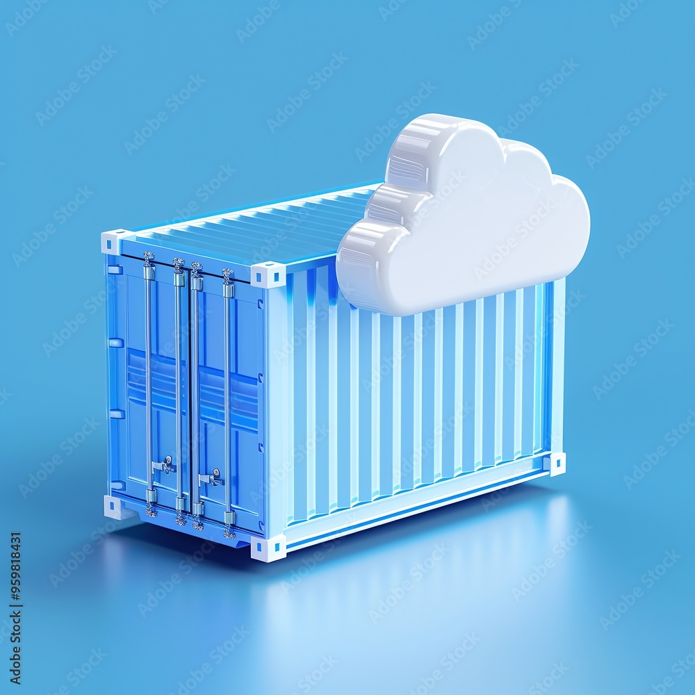 Poster 3d illustration of a cloud computing concept with a cloud icon connected to a shipping container on 