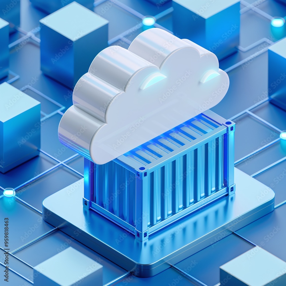 Poster 3d illustration of a cloud computing concept with a cloud symbol over a container on a technology ba