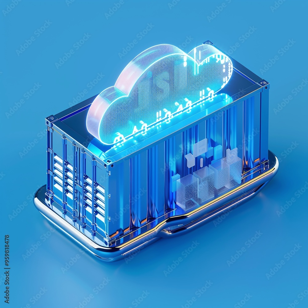 Poster 3d illustration of a cloud computing server concept with a digital cloud symbol and blue container o
