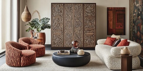 Modern Living Room Interior Design with Intricate Carved Wooden Cabinet and Natural Elements.