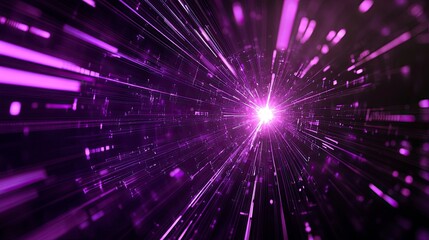 Fototapeta premium Purple neon light streaks radiating from the center on a dark background, evoking themes of technology, big data, and bots. generative ai