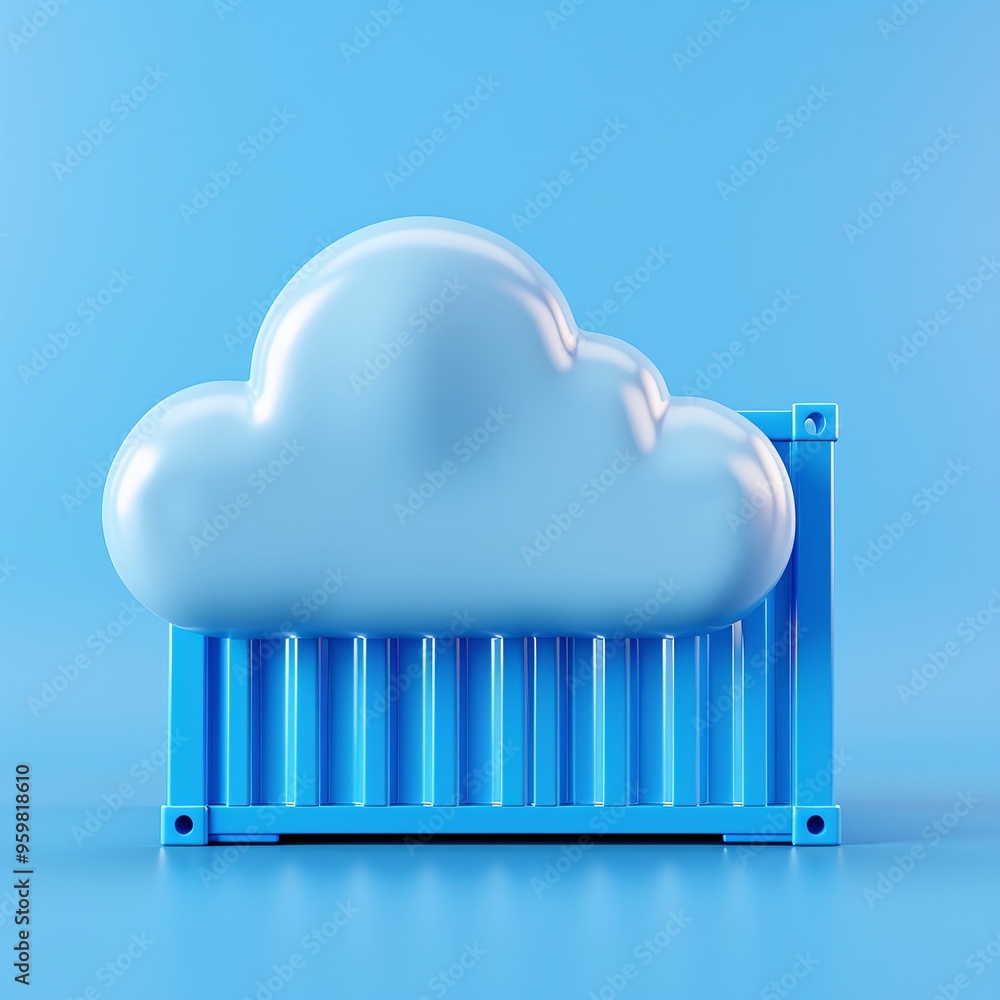 Poster 3d illustration of a cloud in front of a blue cargo container, symbolizing cloud storage and technol