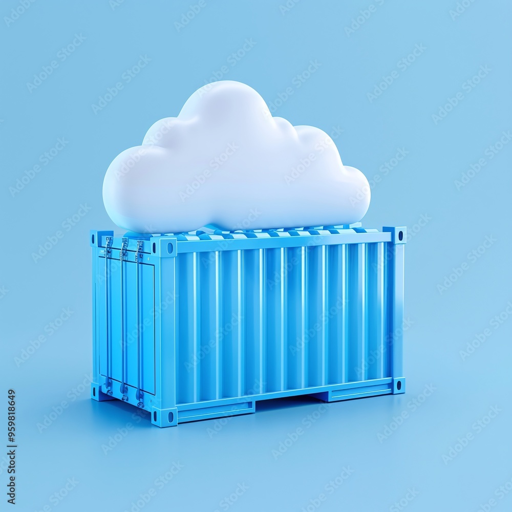 Poster 3d illustration of a cloud on a blue storage container, symbolizing cloud computing and data storage
