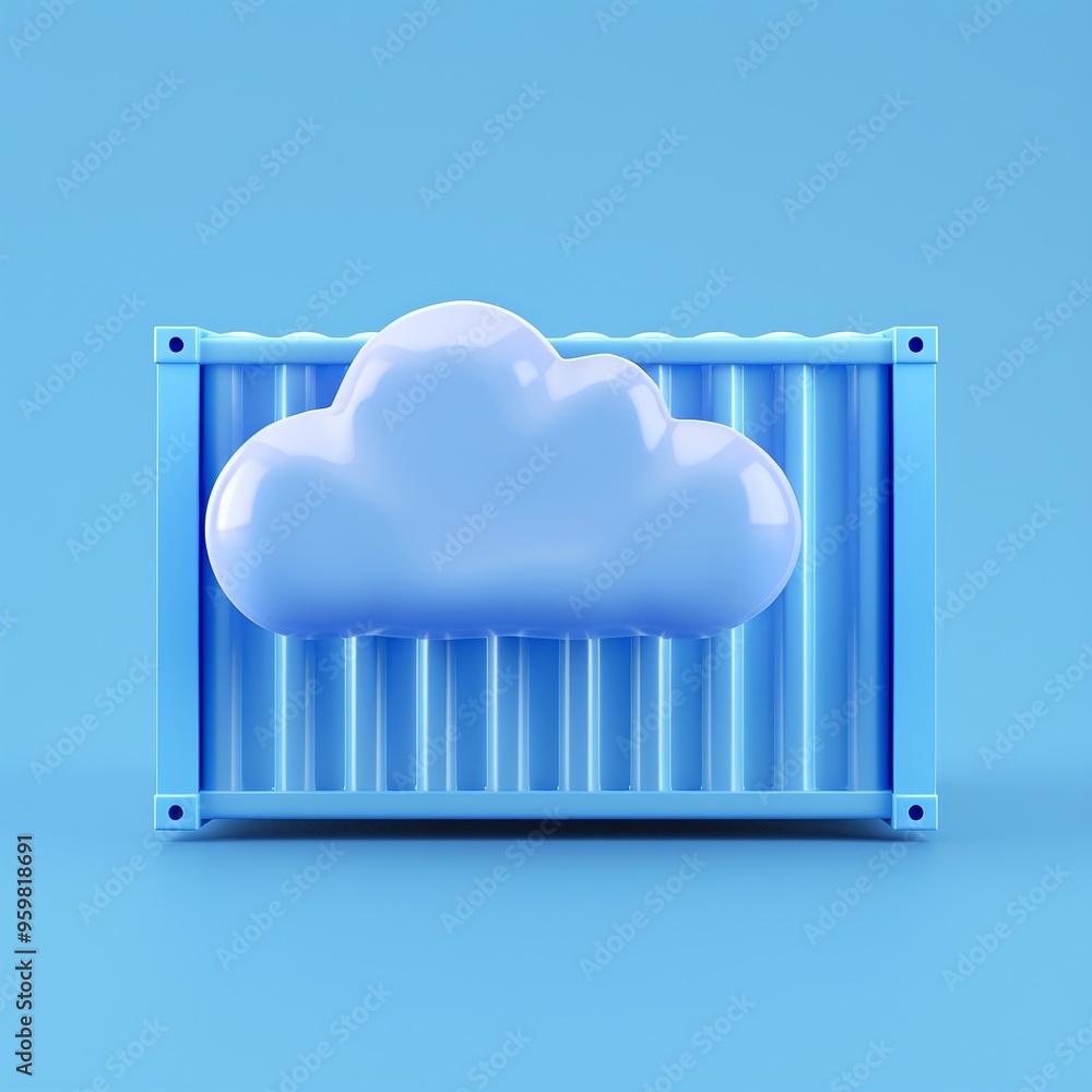 Poster 3d illustration of a cloud inside a shipping container against a blue background, representing cloud