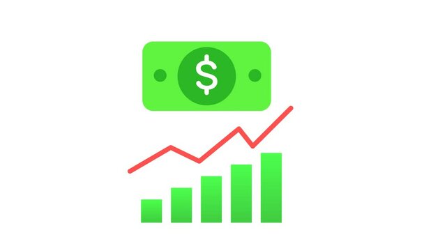 animation Financial growth and success concept with a green dollar icon and upward bar chart, symbolizing increasing profits and market trends. Business and finance analytics, alpha channel 4k