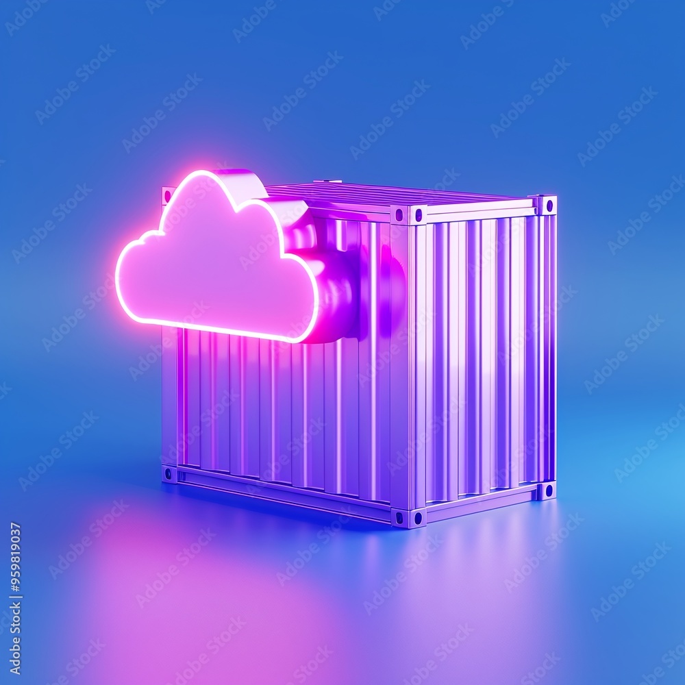 Aufkleber 3d illustration of a glowing cloud icon merging with a metal shipping container, symbolizing cloud c