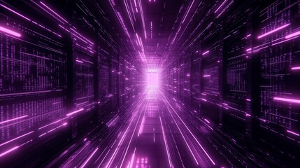 Purple neon light streaks radiating from the center on a dark background, evoking themes of technology, big data, and bots. generative ai
