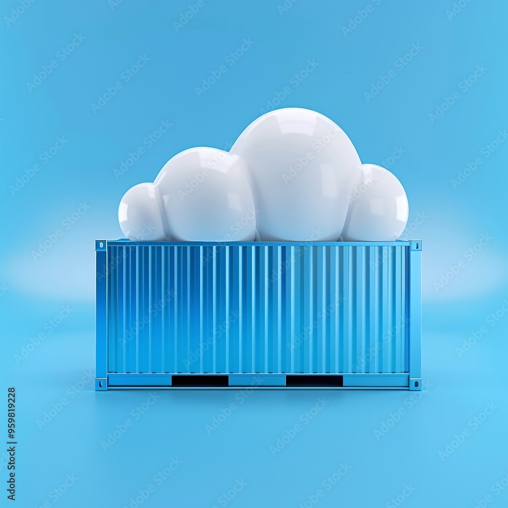 Poster 3d illustration of cloud computing and data storage concept with a container against a blue backgrou