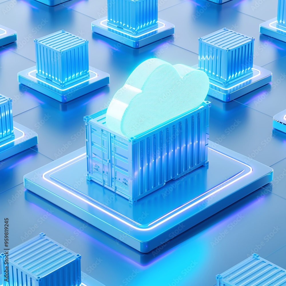 Poster 3d illustration of cloud computing and data storage icons in a futuristic digital environment, repre