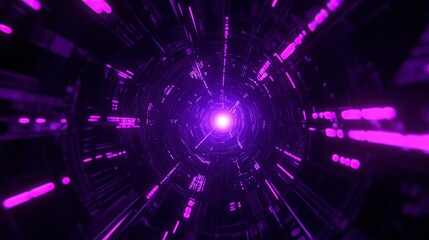 Purple neon light streaks radiating from the center on a dark background, evoking themes of technology, big data, and bots. generative ai