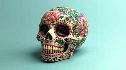Sugar Skull Decorated with Flowers.