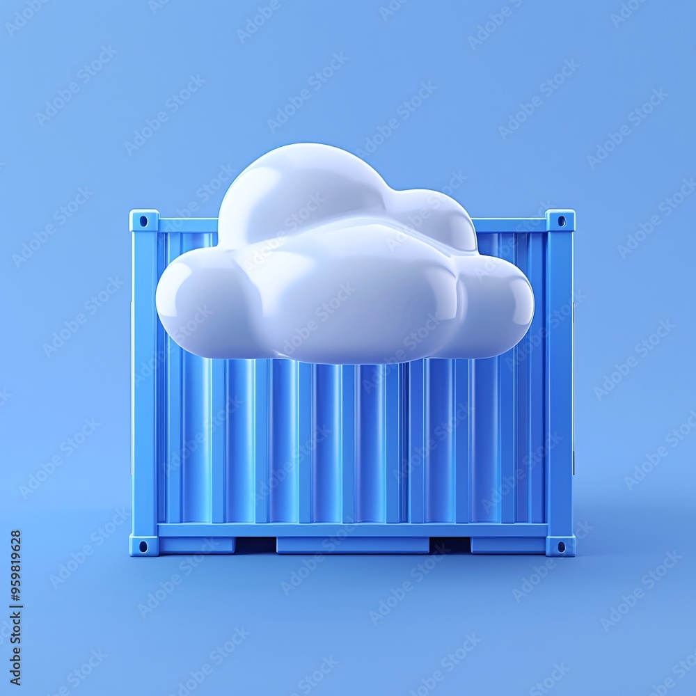 Poster 3d render of a white cloud floating in front of a blue shipping container on a blue background. conc