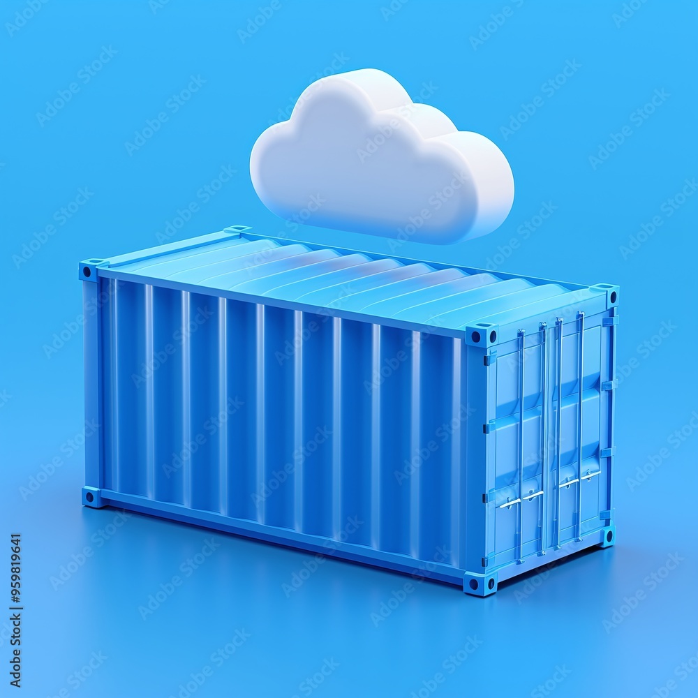 Poster 3d render of shipping container symbolizing cloud storage and data transfer on blue background.