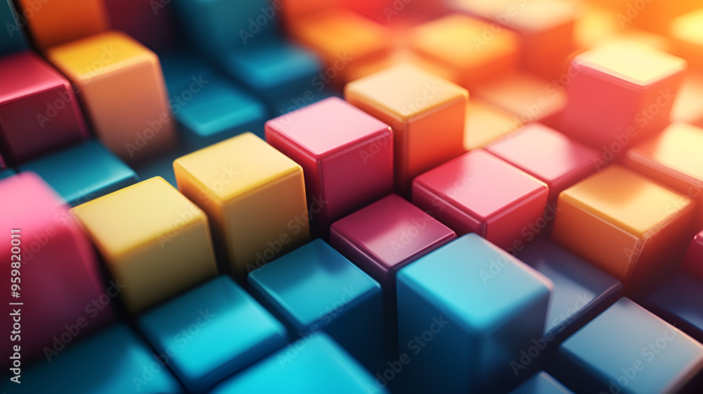 Poster colorful arrangement of 3d blocks creating a vibrant pattern under bright lighting in an abstract se