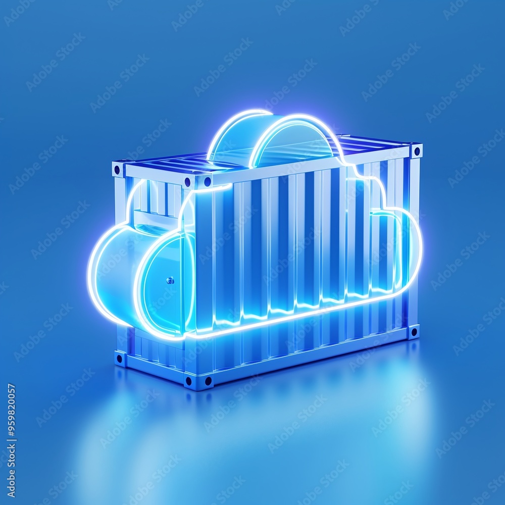 Poster 3d rendering of a neon cloud icon on a shipping container, symbolizing cloud computing, data storage