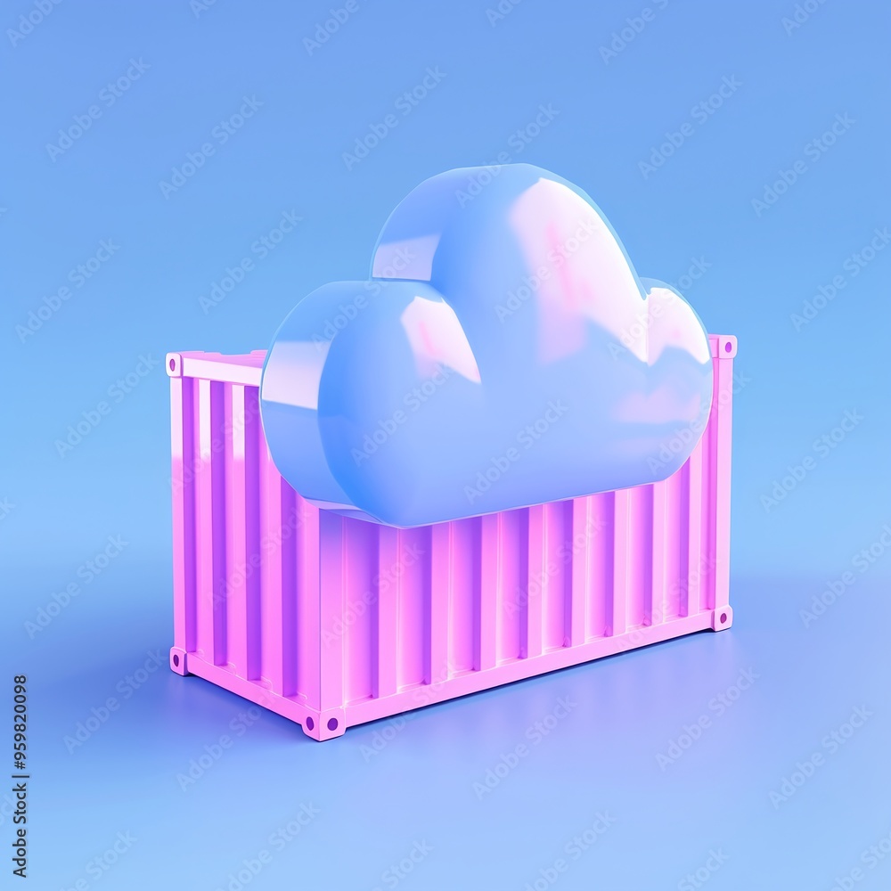 Poster 3d rendering of a shiny blue cloud on top of a pink cargo container, symbolizing cloud computing and