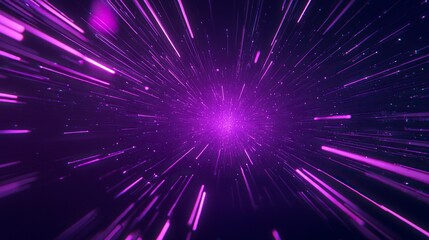 Fototapeta premium Purple neon light streaks radiating from the center on a dark background, evoking themes of technology, big data, and bots. generative ai