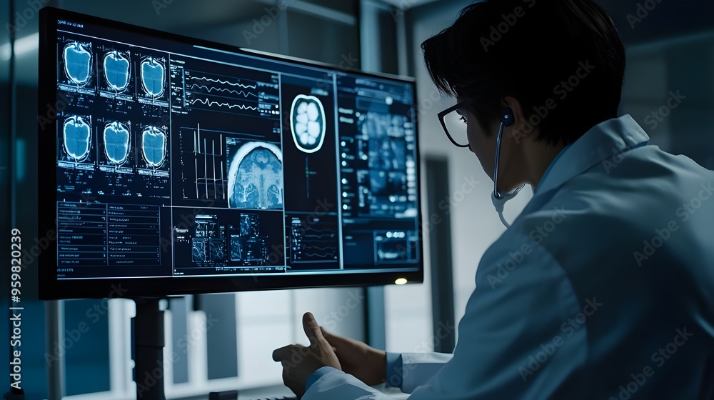 Poster a stock photo of a doctor using an ai-driven diagnostic tool to analyze patient data.