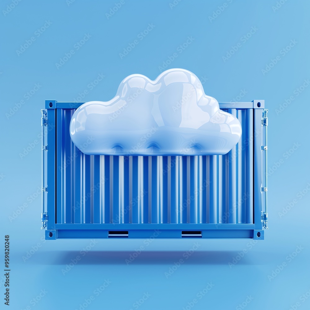 Poster a blue shipping container with a cloud on top, representing cloud storage and computing. minimalisti