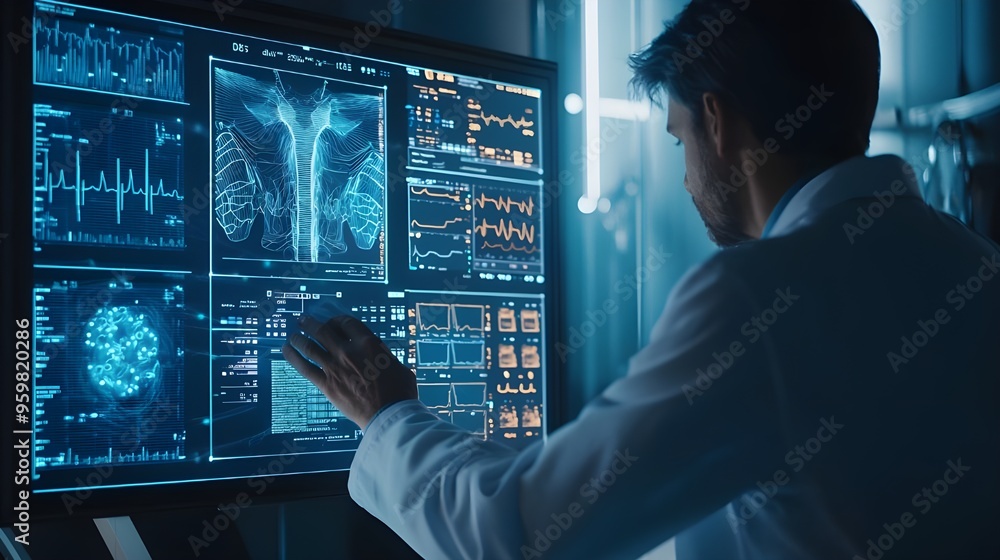 Aufkleber a stock photo of a doctor using an ai-driven diagnostic tool to analyze patient data.