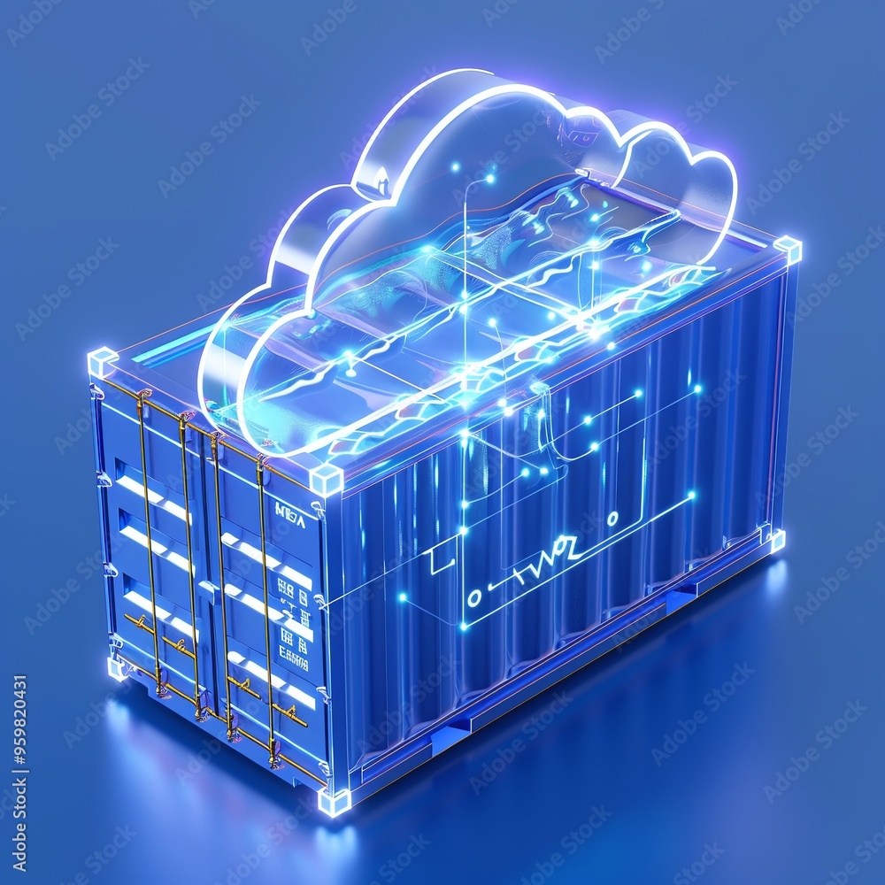 Aufkleber a digital representation of cloud technology and data storage inside a shipping container, symbolizi