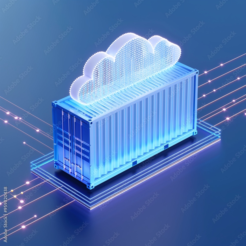 Aufkleber a futuristic representation of a shipping container integrated with cloud computing technology, symb