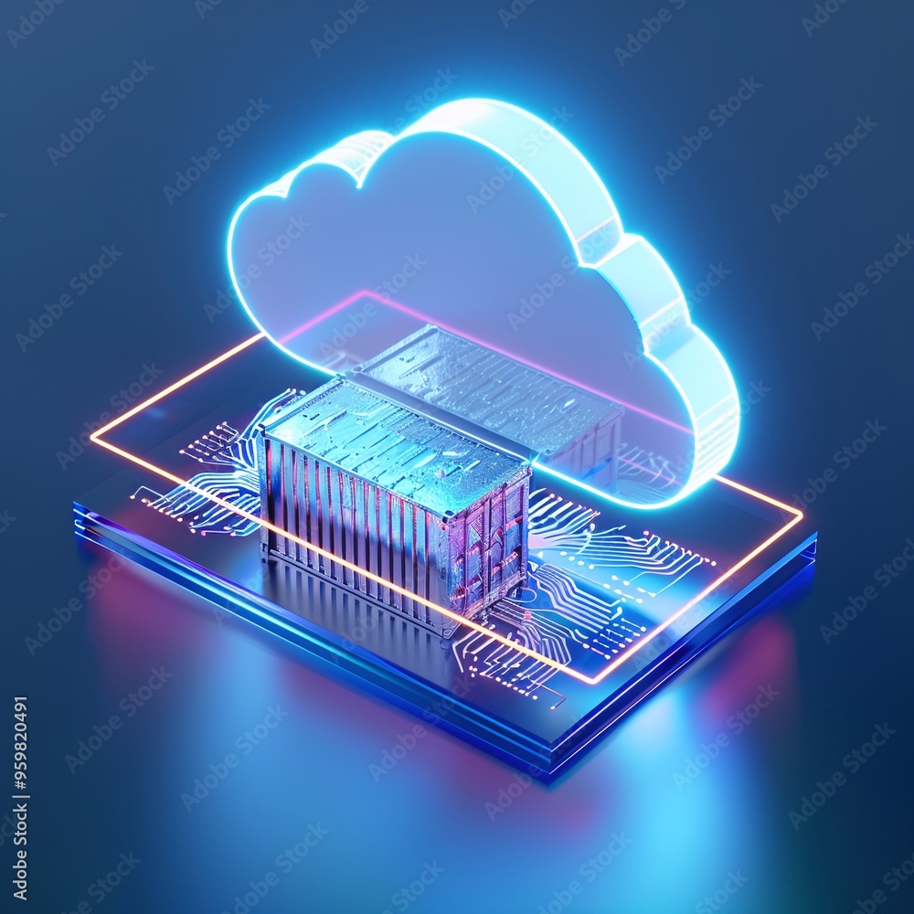 Poster abstract 3d illustration of cloud computing concept with neon colors and server hardware on a circui