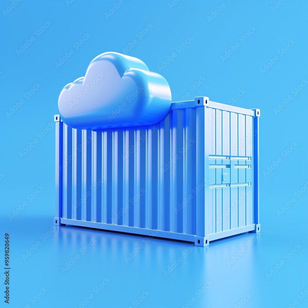 Poster blue cargo container with a cloud symbol on top, representing cloud storage and online data manageme