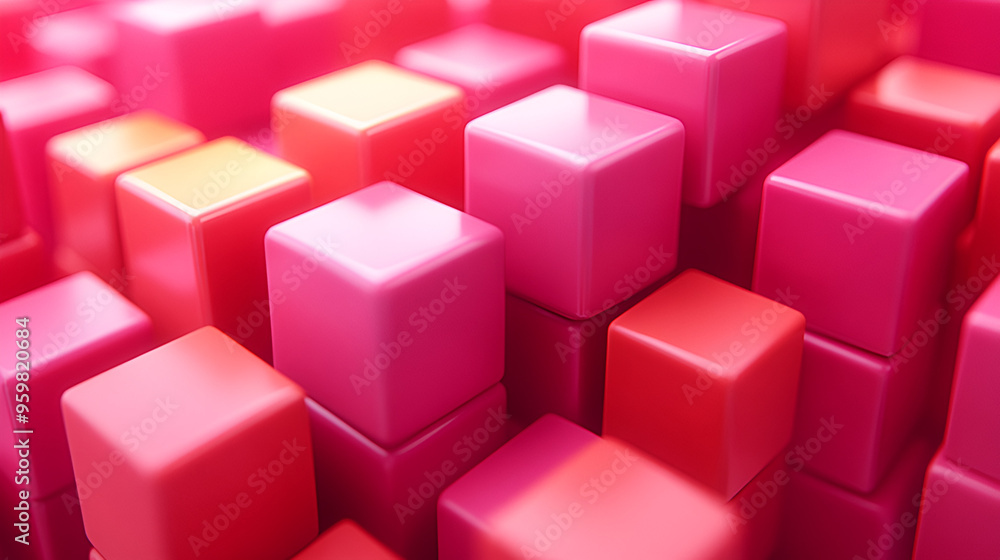 Poster colorful arrangement of pink and red cubic blocks on a vibrant surface creating an abstract design