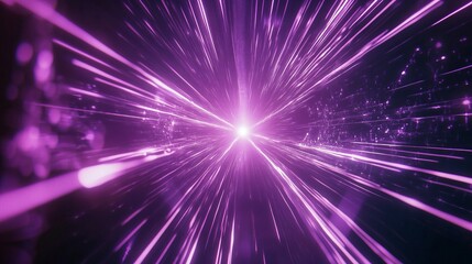 Naklejka premium Purple neon light streaks radiating from the center on a dark background, evoking themes of technology, big data, and bots. generative ai