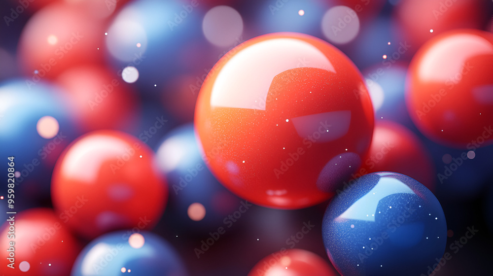 Poster colorful abstract spheres in red and blue on a blurred background create a vibrant artistic composit