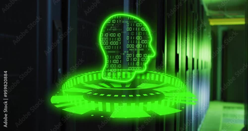Poster binary code human head and digital interface animation over server room