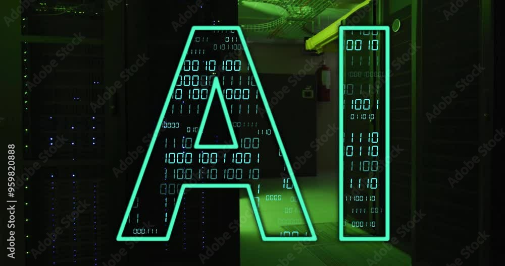 Poster AI text animation over binary code and server room background