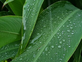 Green leaves with large raindrops, water flowing down the stems